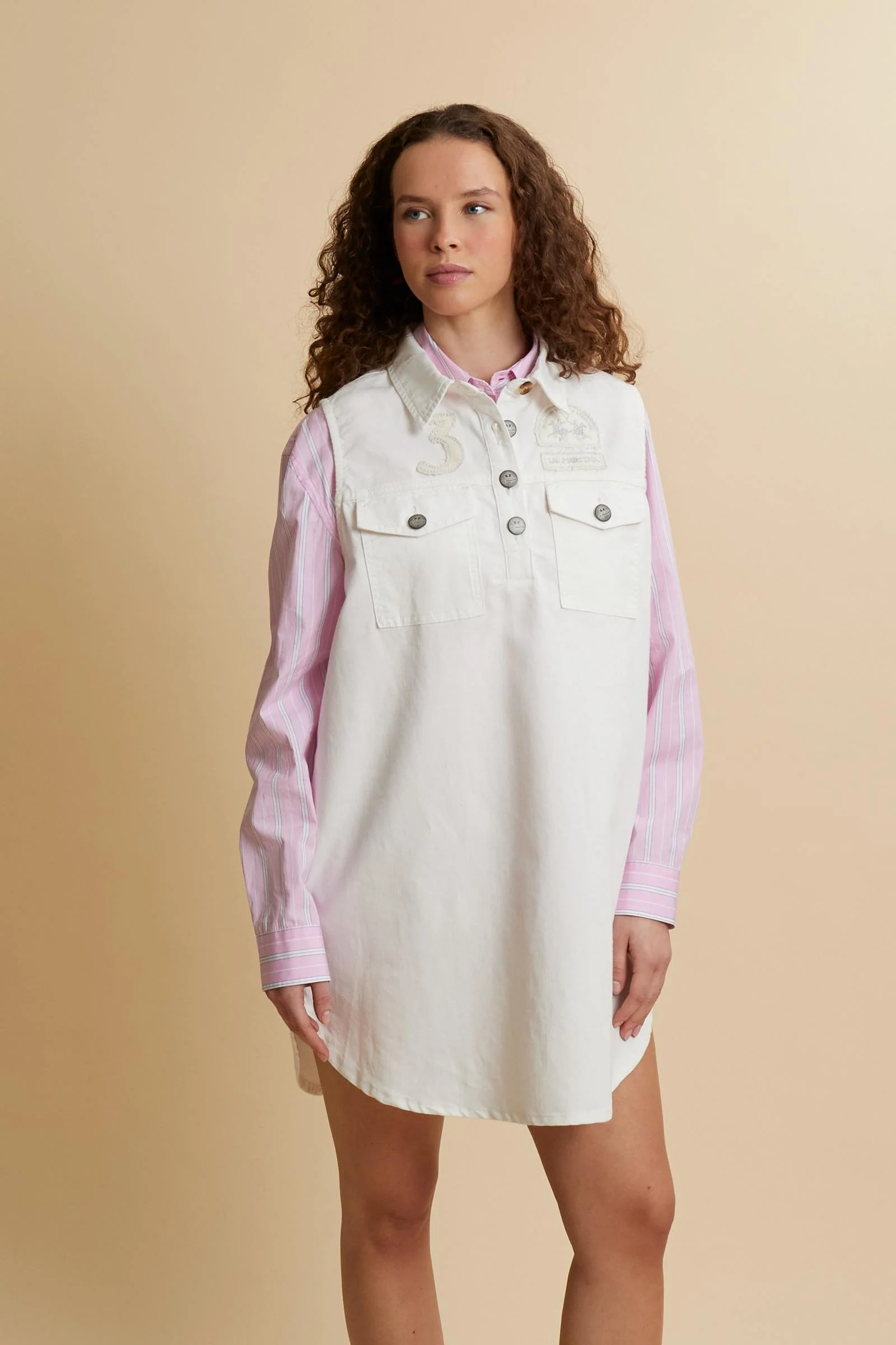 Damen-ärmelloses Kleid aus Baumwoll-Leinen-Denim – Caroline