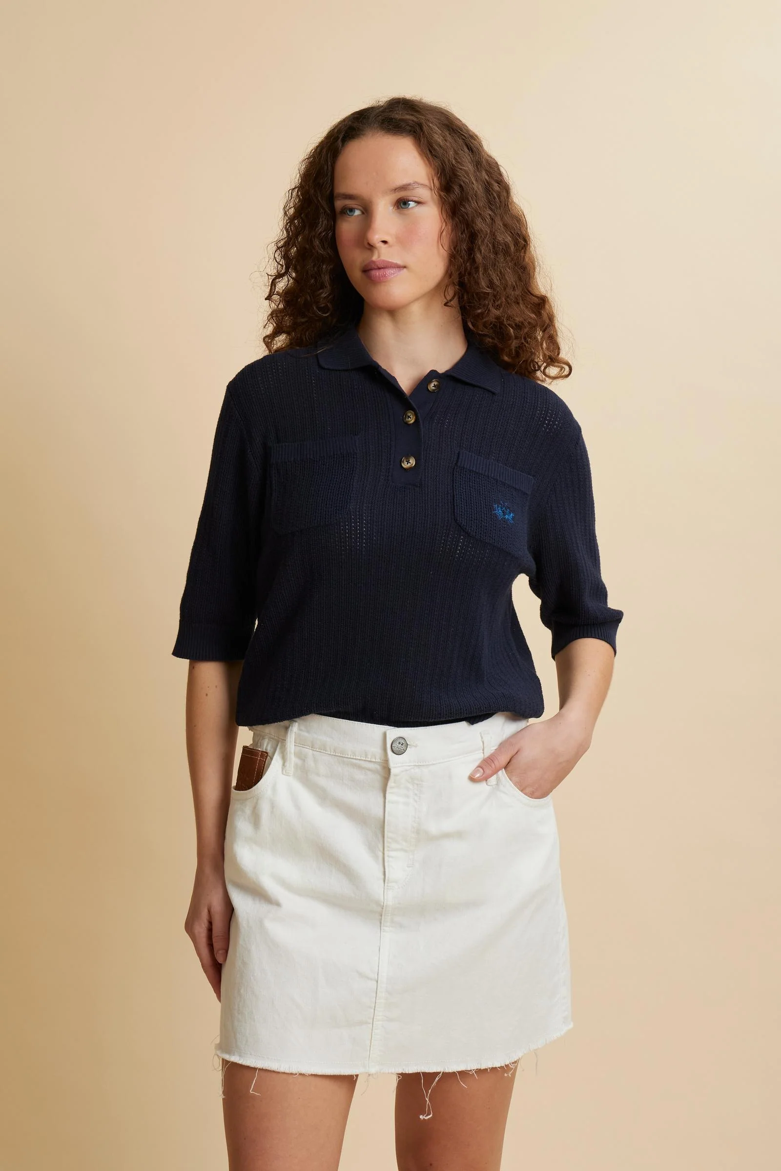 Damen Polo aus Lochstrick mit Taschen - Cesia