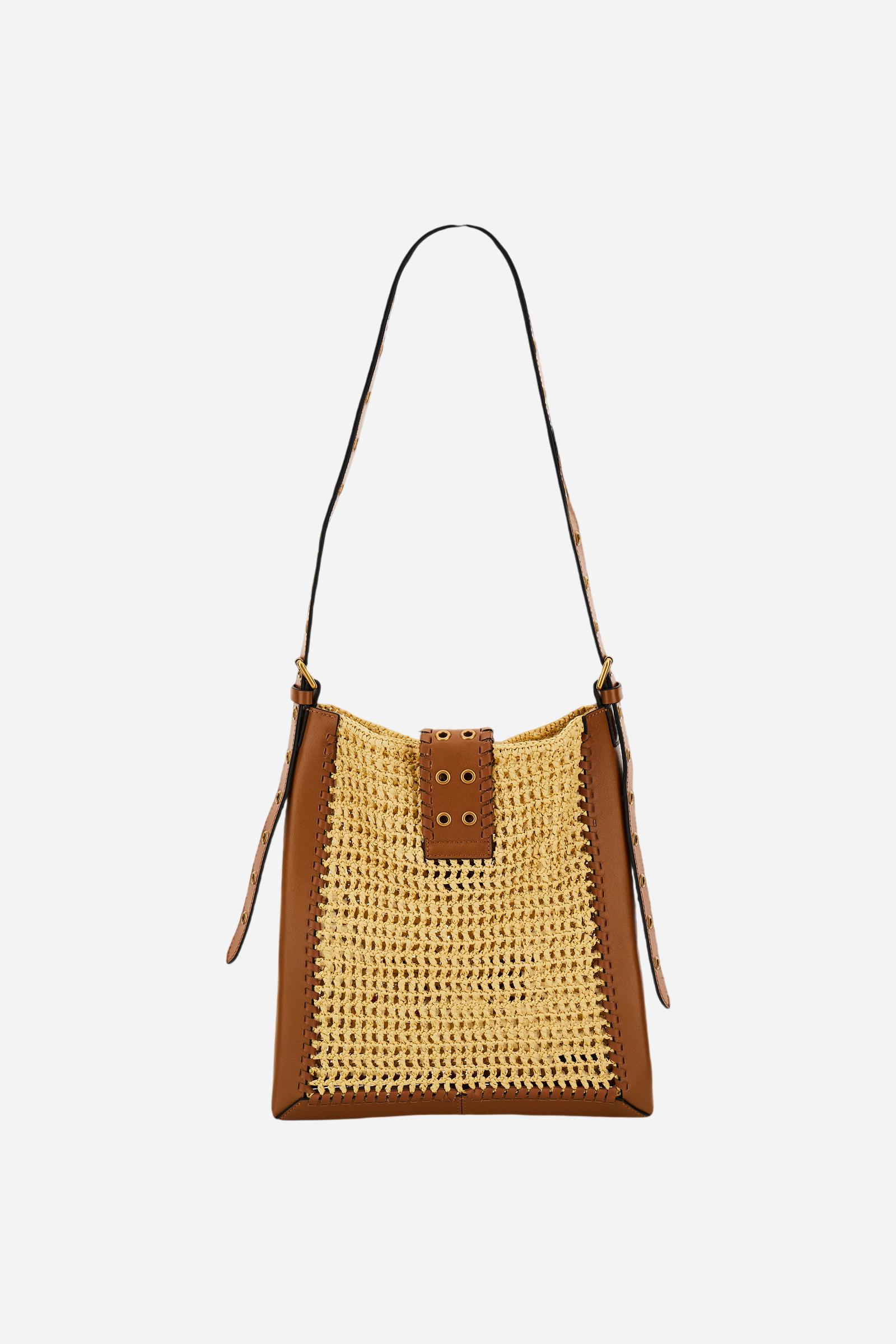 Damen-Umhängetasche aus Leder und Raffia mit Maxi-Logo - Fuego Crossbody - Image 2