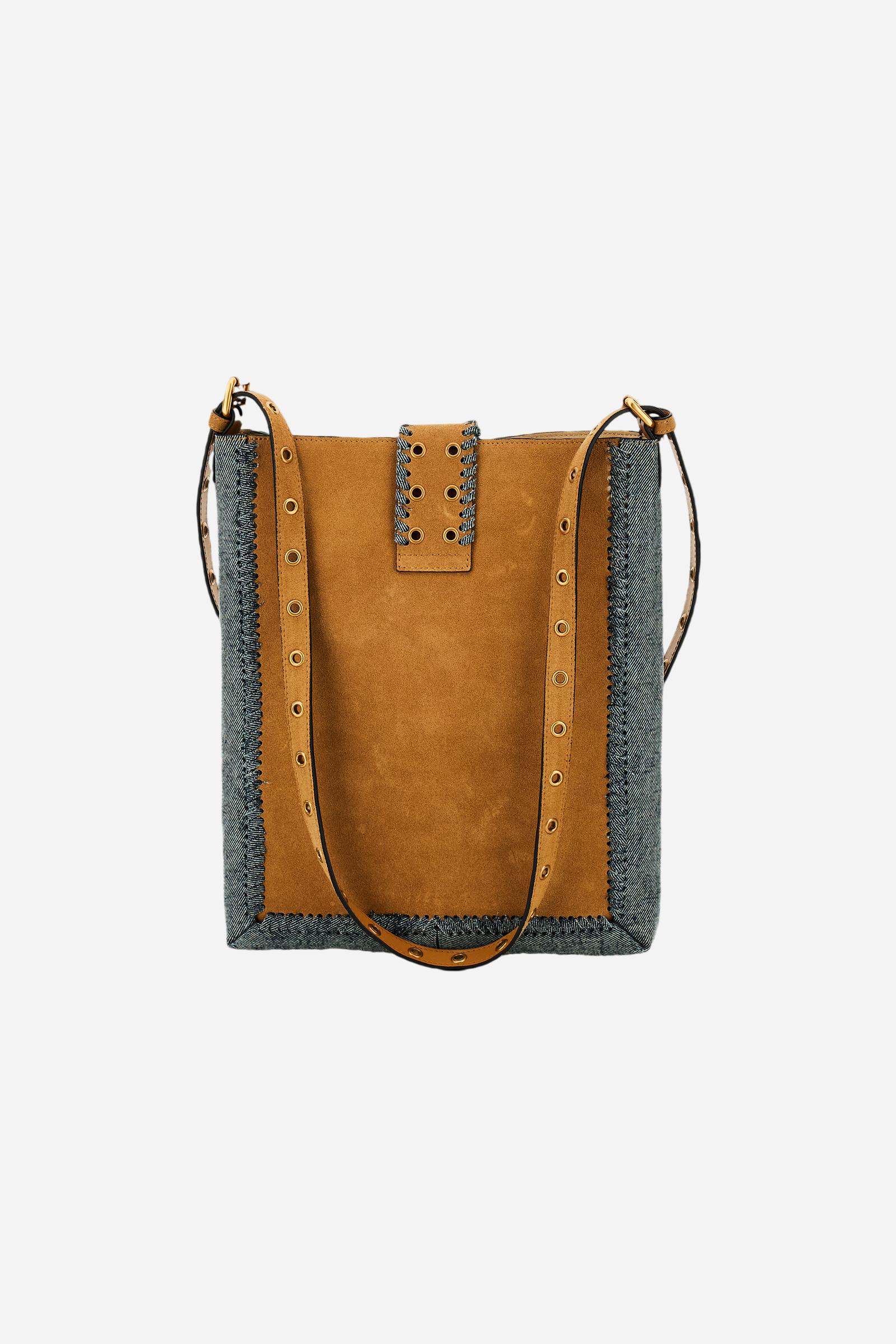 Damen-Umhängetasche aus Veloursleder und Denim mit Intarsien-Detail - Fuego Crossbody - Image 2