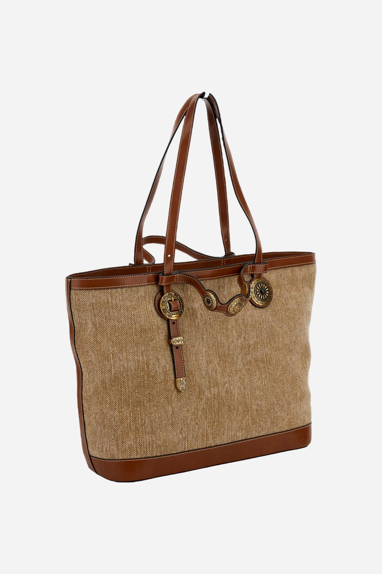Shopping-Tasche aus Canvas in Leinenoptik mit goldenen Blumen-Nieten – Gaucho Shopping Bag - Image 3
