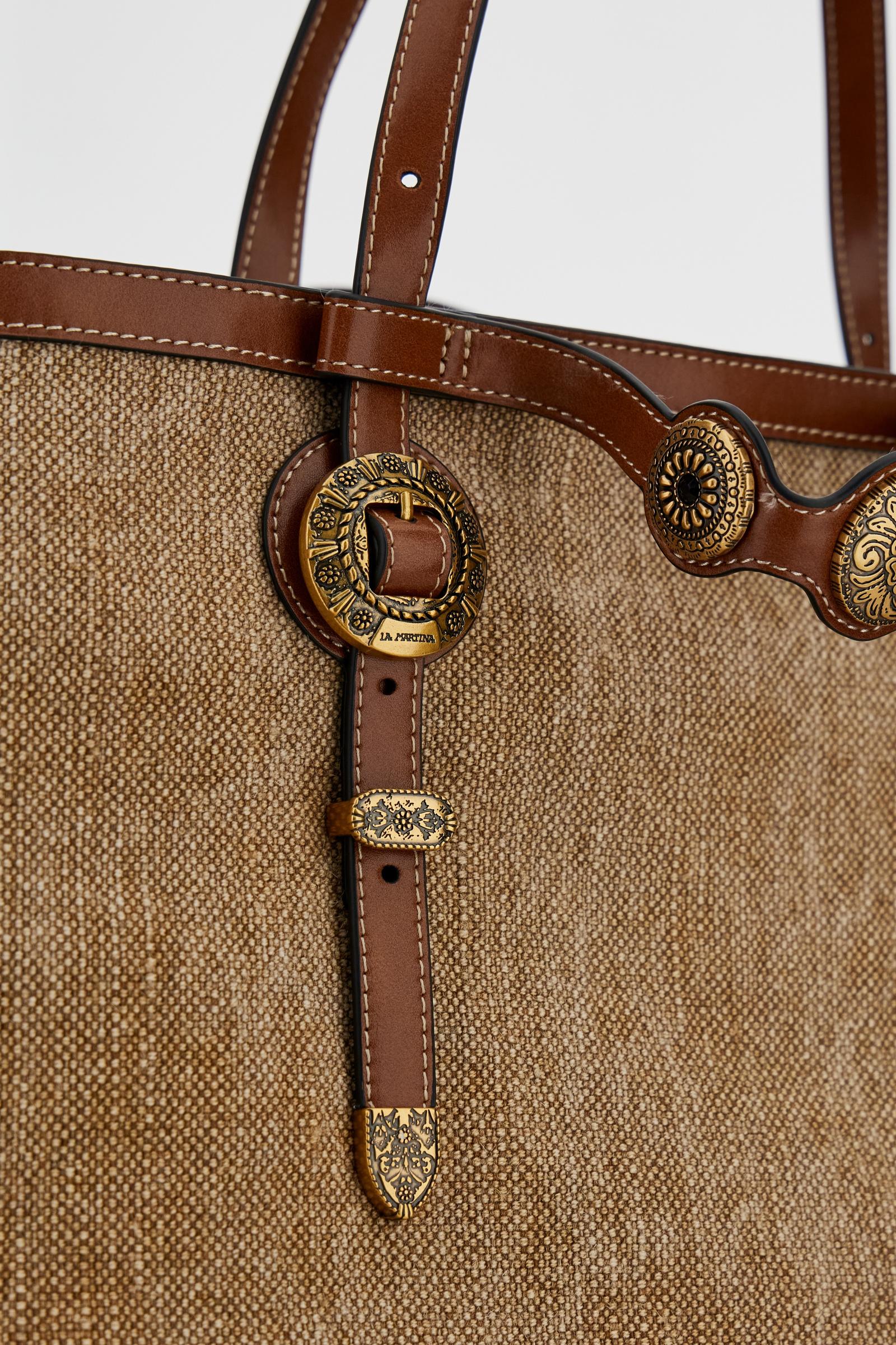 Shopping-Tasche aus Canvas in Leinenoptik mit goldenen Blumen-Nieten – Gaucho Shopping Bag - Image 5