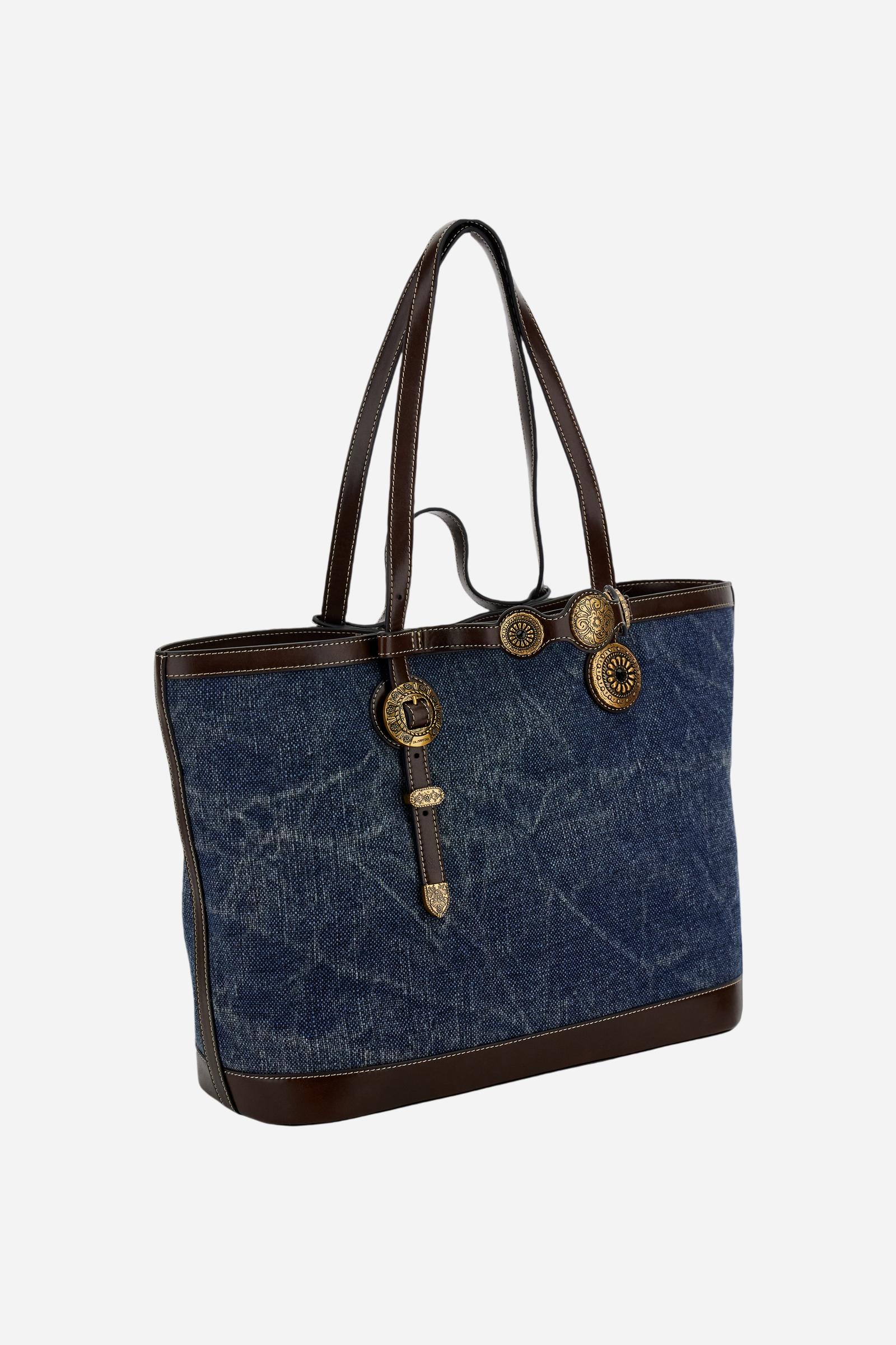 Shopping-Tasche aus Canvas in Leinenoptik mit goldenen Blumen-Nieten – Gaucho Shopping Bag - Image 3