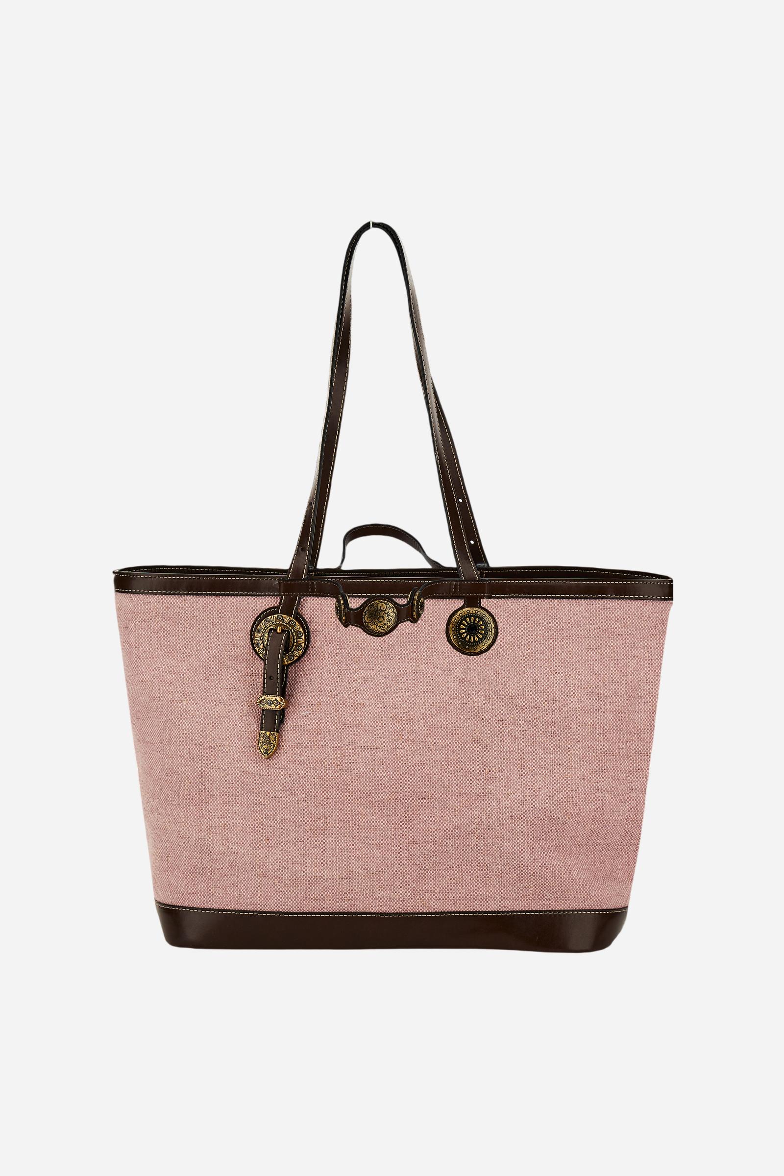 Shopping-Tasche aus Canvas in Leinenoptik mit goldenen Blumen-Nieten – Gaucho Shopping Bag