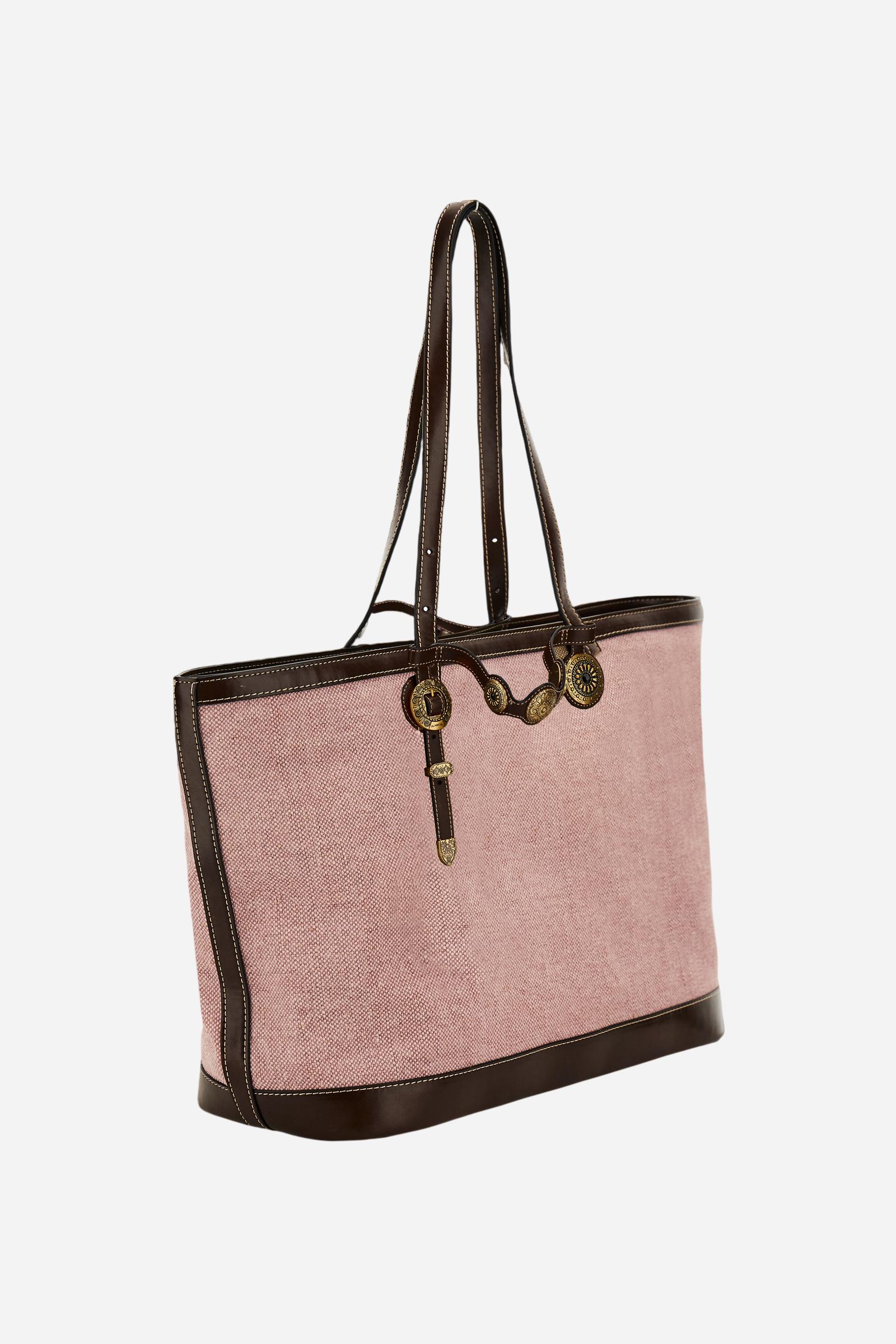 Shopping-Tasche aus Canvas in Leinenoptik mit goldenen Blumen-Nieten – Gaucho Shopping Bag - Image 3